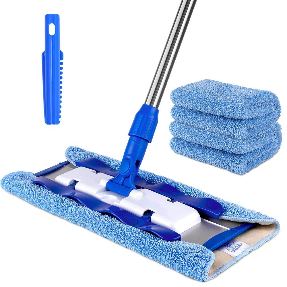 Professional Microfiber Mop for Hardwood, Laminate, Tile Floor Cleaning, Stainless Steel Telescopic Handle - 3 Reusable Flat Mop Refills and 1 Dirt Removal Scrubber Included