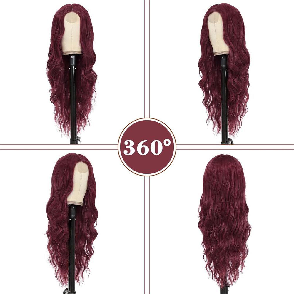 Ladies wine red long curly hair forehead lace parting big wave 2396
