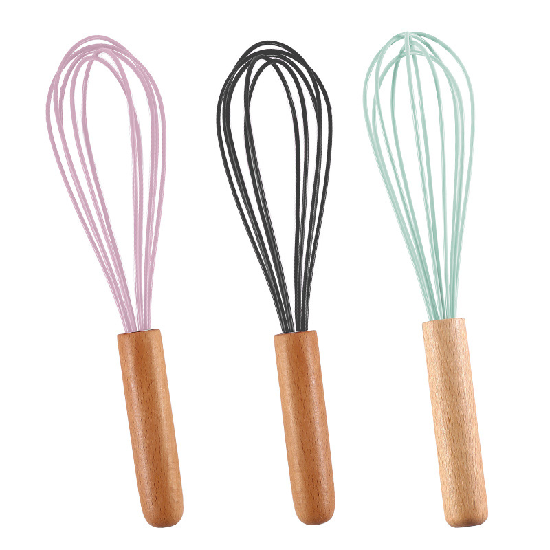 Kitchen Silicone Whisk, Balloon Mini Wire Whisk, Wooden Handle & Silicone Non-Stick Coating Hand Egg Mixer, for Blending Whisking Beating Stirring Cooking Baking