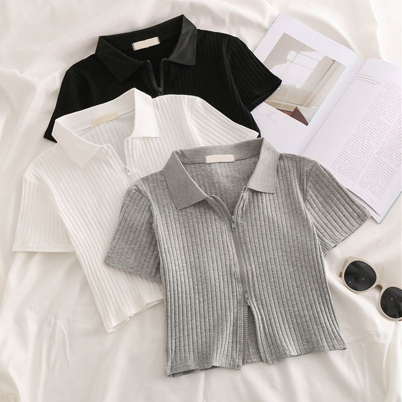 YF9008 Women'S Short Sleeve Vintage Top Slim Fit T-Shirt Korean Style Short Sleeve Solid Color Lapel Top