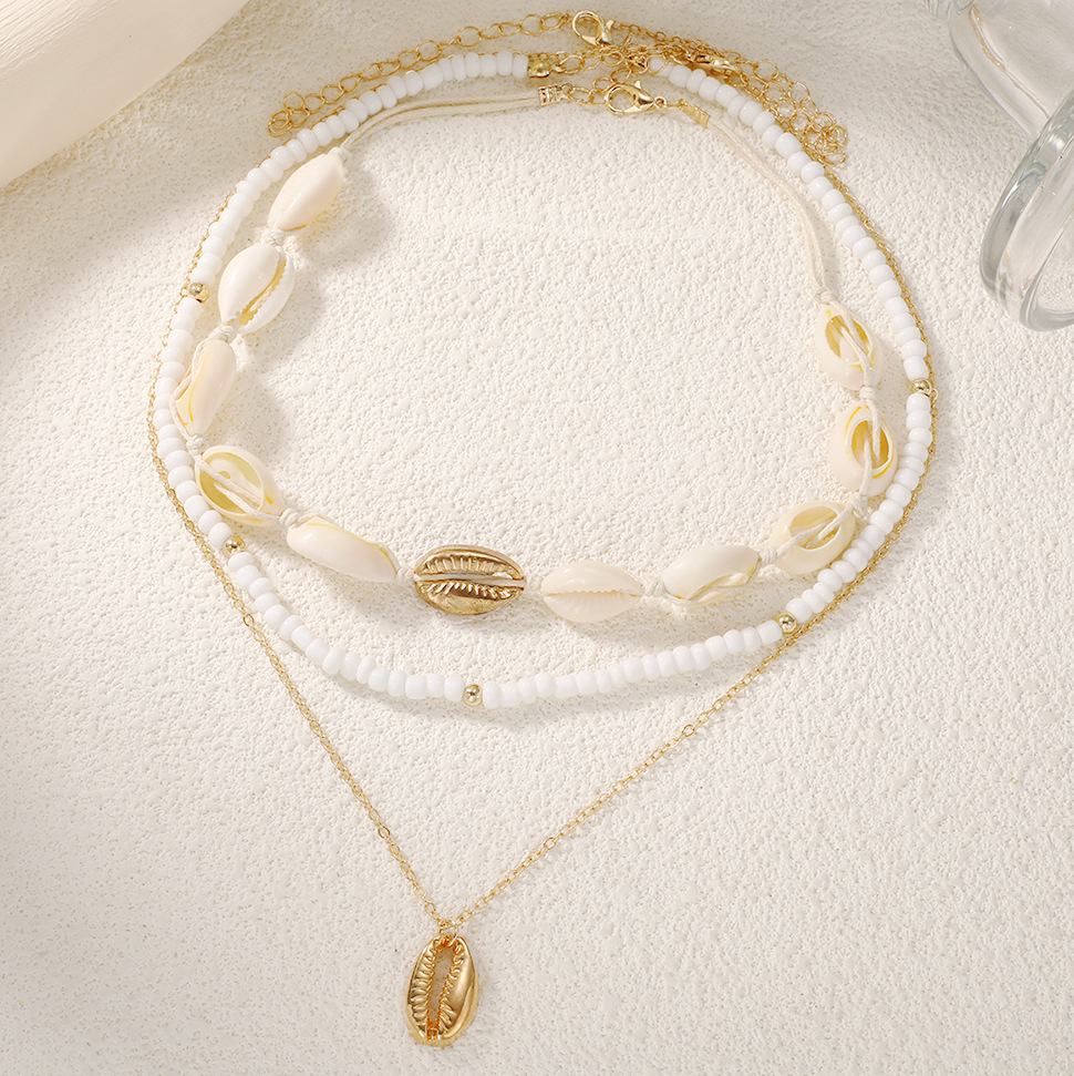 Boho Multi‑Layer Choker Necklace, Delicate Collar Jewelry Mixed with Imitation Pearl and Seed‑Bead, Decorated with Shell Pendant, Fashion Neck Ornament for Beach Vacation Daily Matching