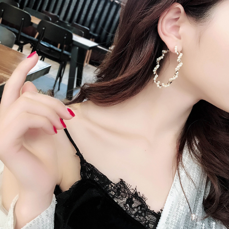 E478 women's gemstone hoop earrings wrapped pearl design vintage sexy girly earrings