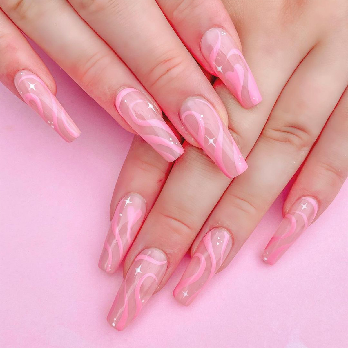 JP1189 24 Pcs Press on Nails, Line Art Medium Stiletto Glossy Artificial Nails Medium Full Cover Tips for Women and Girls