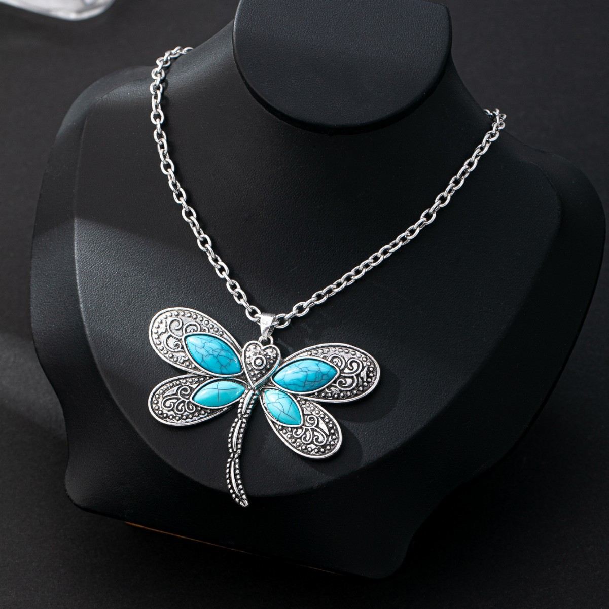 Antique Silver Boho Dragonfly Pendant Necklace with Turquoise Inlay, Vintage Engraved Statement Chain for Women
