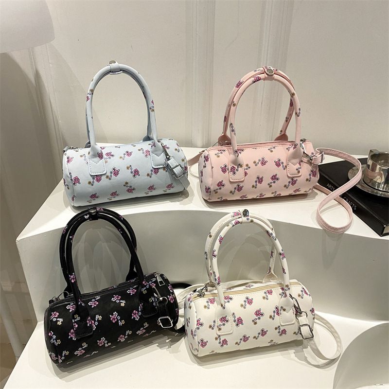 Women's Floral Print Cylinder Handbag, 2026 New Cute PU Leather Top-Handle Bag, Casual Crossbody Purse with Detachable Strap in Off-White, Pink, Blue, Black
