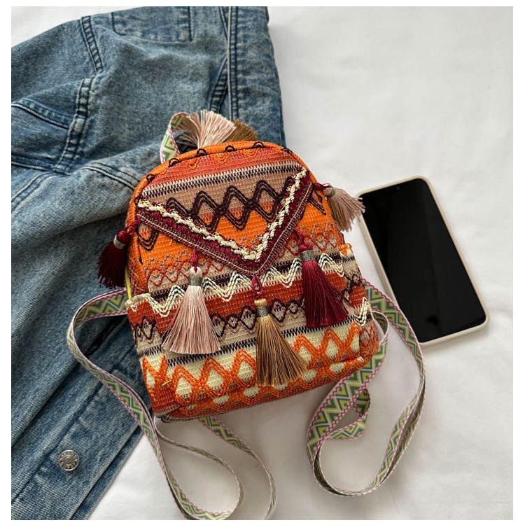Lightweight Women Backpack Ethnic Tassel Crossbody Bag Fashion Versatile Mini Travel Backpack for Outdoor
