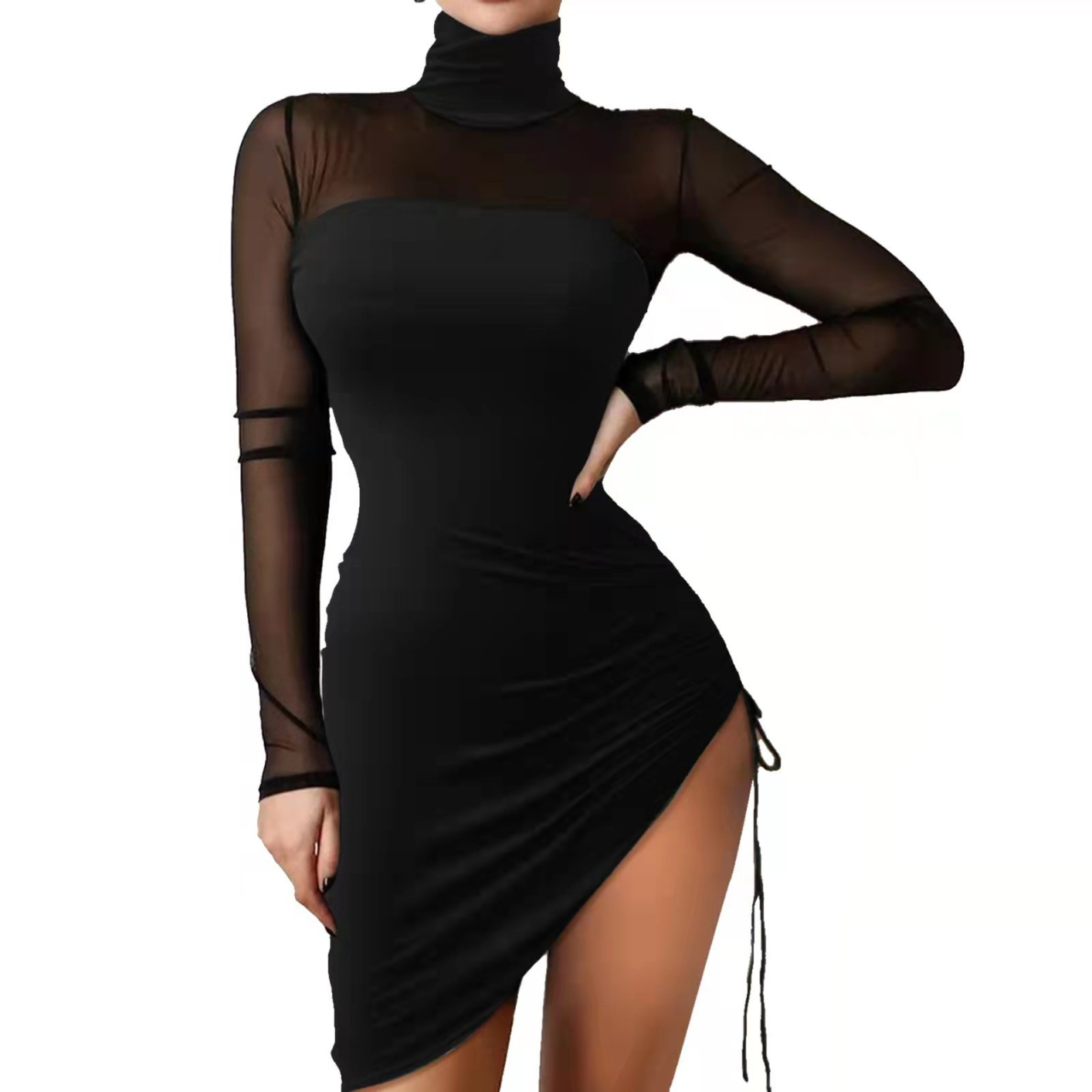 211126 Womens Sexy Mesh Long Sleeve Mockneck Bodycon Dress Drawstring Lower Hem Club & Night Out Wear