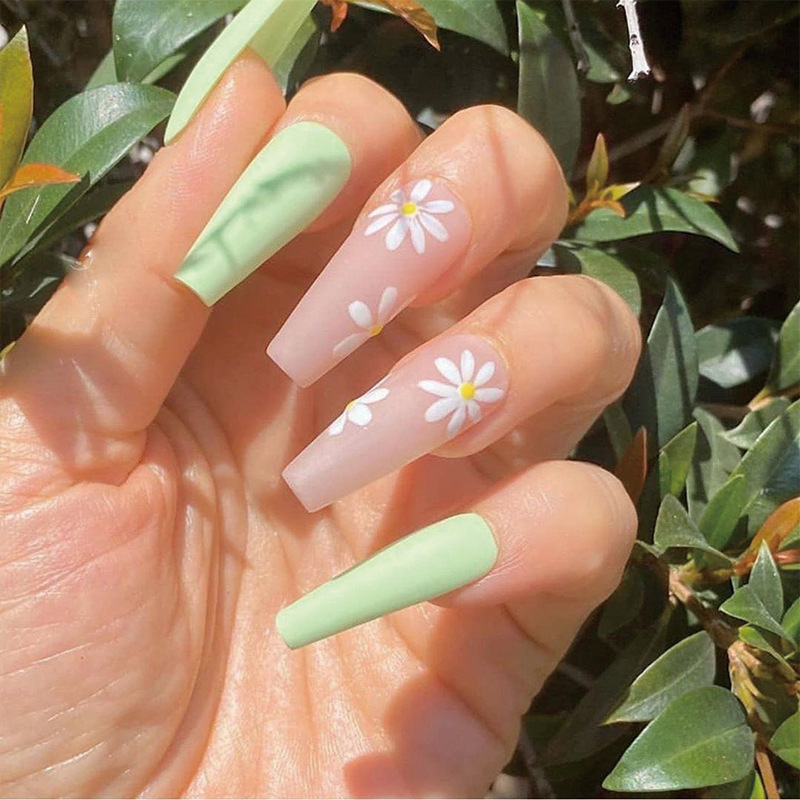 JP1729 24 Pcs Matte Press on Nails, Super Long Coffin Flower Prints Fake Nails, Full Cover Artificial False Nails for Women and Girls
