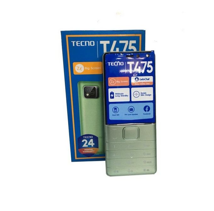 Tecno T475 Dual Sim - 0.08MP Front, 0.08MP Back Camera - Flash Light - 1900mAh Strong long lasting standby Battery - FM radio, Facebook, Bluetooth - MT6260A 360MHz - 64mb ROM+ 64mb RAM expandable SD card supportLIGHT GREEN