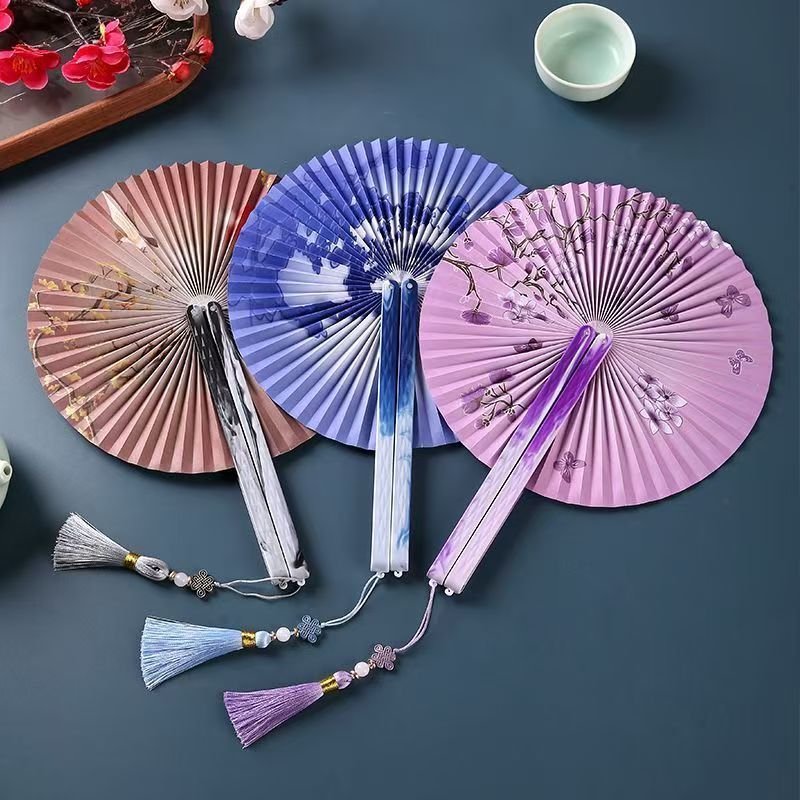 Traditional Portable Folding Tassel Fan for Women, Classical Round Fan for Dance, Hanfu, and Qipao, Ink Painting Paper Fan for Ladies