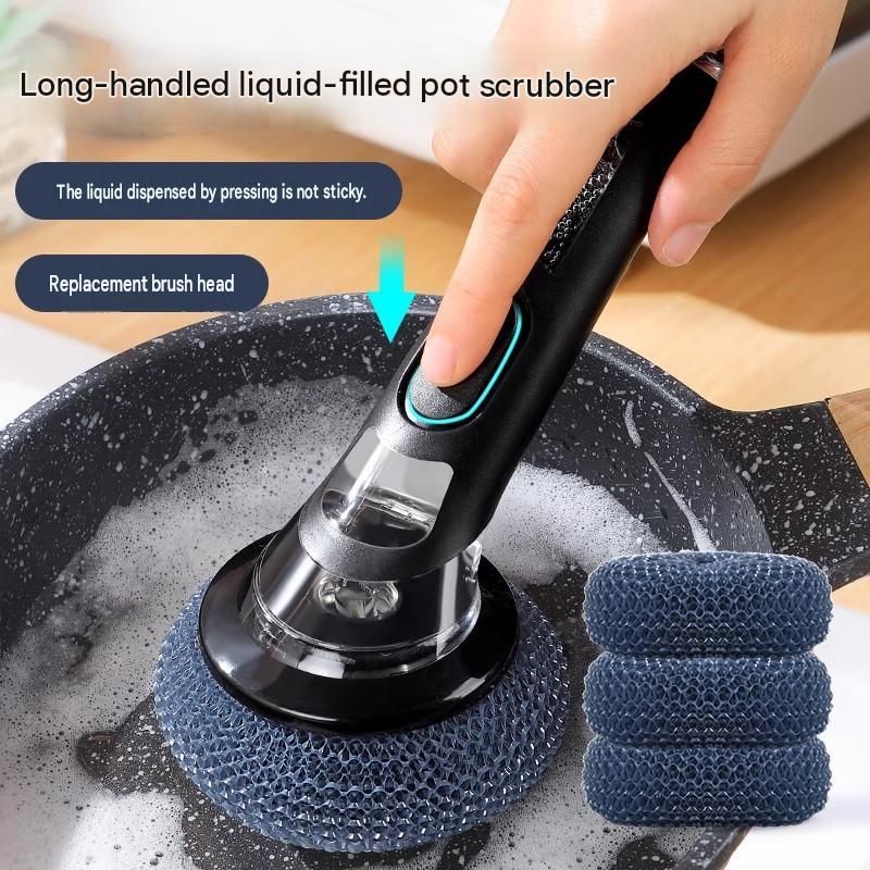 Multifunctional Long Handle Kitchen Cleaning Brush, Automatic Liquid Adding Pot Scrubber, Dish Washing Brush for Home Kitchen Cookware Cleaning
