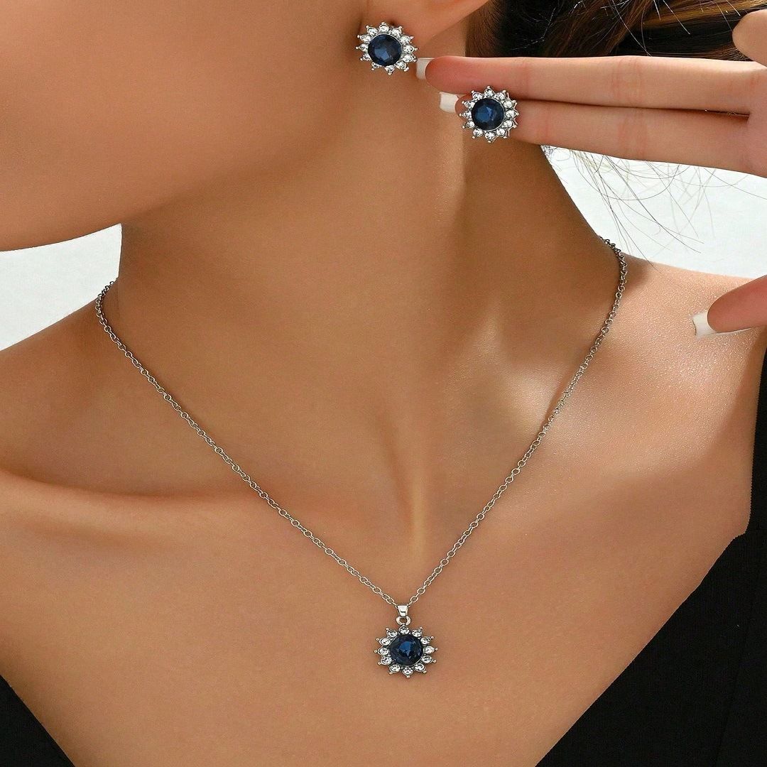 Elegant Sunflower Cubic Zirconia Jewelry Set for Women, Round Tanzanite Color Crystal Pendant Silver Chain Necklace Matching Stud Earrings 2Pcs, Classic Royal Inspired Sparkling Rhinestone Matching Accessories, Dainty Luxury Versatile Jewelry Kit for Daily Wedding Party Gift
