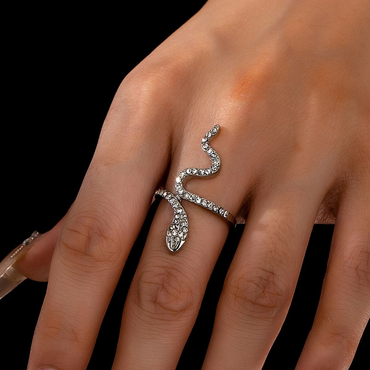 Vintage Luxurious Silver Tone Snake Open Ring for Women, Full Micro Pave Rhinestone Winding 3D Serpent Adjustable Finger Band, Trendy Edgy Statement Jewelry for Daily Street Dating Party Fashion Gift Accessory
