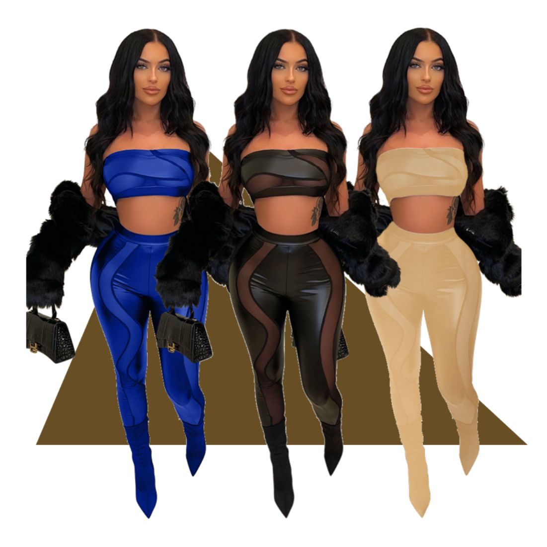 Chest-wrapped coat tight-fitting perspective pants two-piece suit set top blouse trousers fashion sexy party bar performance skirt female lady ladies woman women 2-piece set