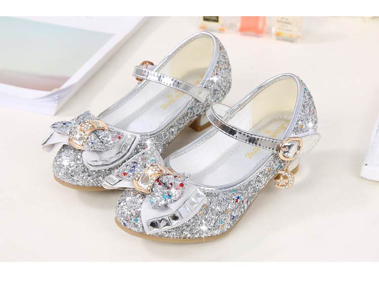 Dress Shoes Autumn New Girls' Small High-Heeled Leather Shoes Sparkling Shoe upper with Bow Decoration for Children's Dance Shoes
