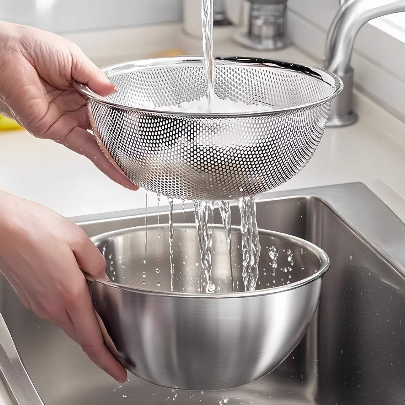Upgraded Double-layer Stainless Steel Drain Basket, food-grade thickened material, rust-proof and durable for long-term kitchen use. Separated design with upper hollow strainer and lower solid basin realizes quick draining and water storage integration