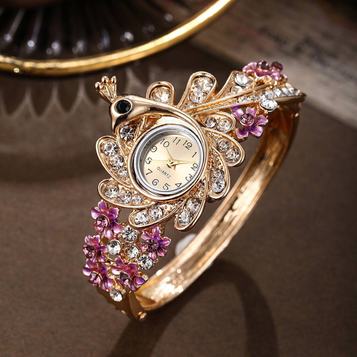 Trendy Ladies Hollow Floral Peacock Bangle Watch, Shiny Rhinestone Embellishment, Durable Alloy Cuff Structure, Reliable Quartz Movement, Decorative Wrist Timepiece for Party Occasion