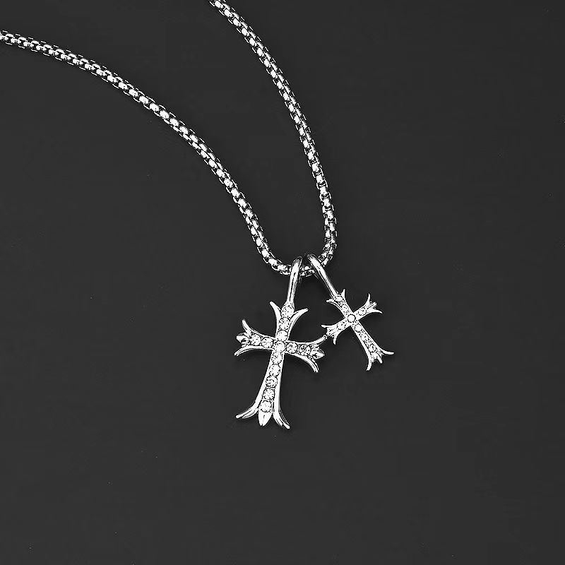 BY-0161 Hip Hop Retro Double Cross Necklace Unisex Personality Diamond Pendant Stainless Steel Necklace