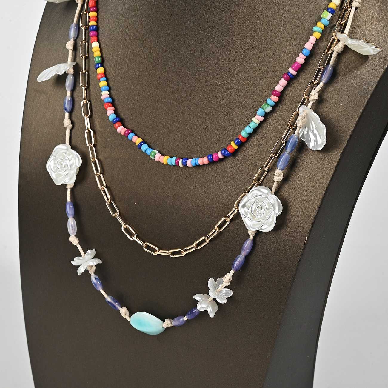 Bohemian 3-Tier Layered Necklace with Colorful Beads, Shell & Flower Charms, Adjustable Multi-Strand Statement Choker for Women
