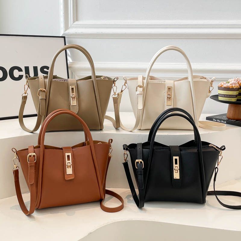 Women's Minimalist Solid PU Bucket-Style Handbag, with Gold Lock Detail & Adjustable Strap, Versatile Top-Handle Crossbody Bag in 4 Colors
