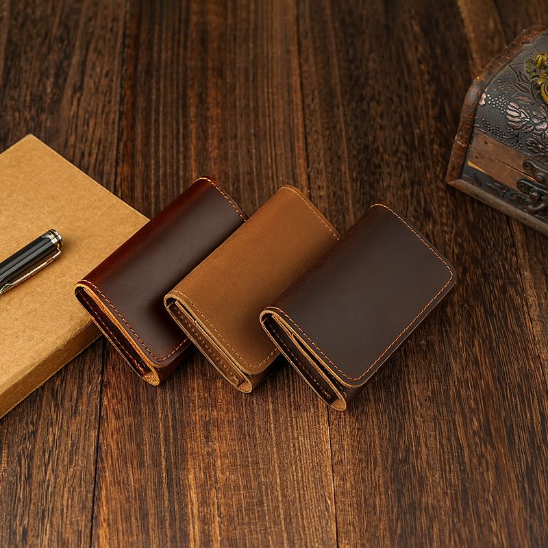 Crazy Horse Leather Card Holder Genuine Leather Mini Snap Button Coin Purse for Men Women Portable Credit Card Wallet Business Name Card Organizer Small Change Pouch

