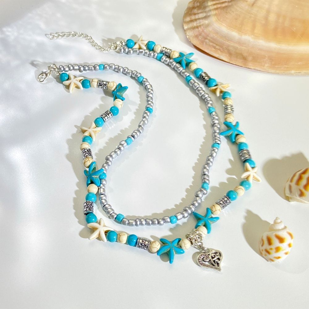 New Bohemian Sea Turtle Pendant Starfish Necklace Ins Retro Multi layer Stacked Beaded Women's Clavicle Chainheart-shaped