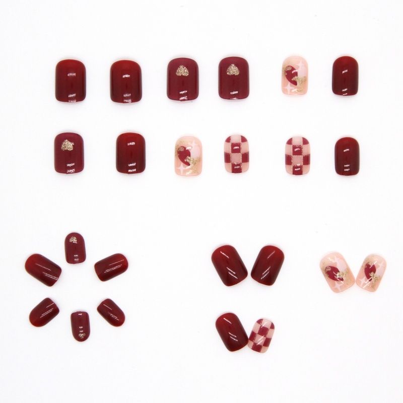 Women Wearable Nails Full Cover Nail Art Red Color Short Style Fake Nails 