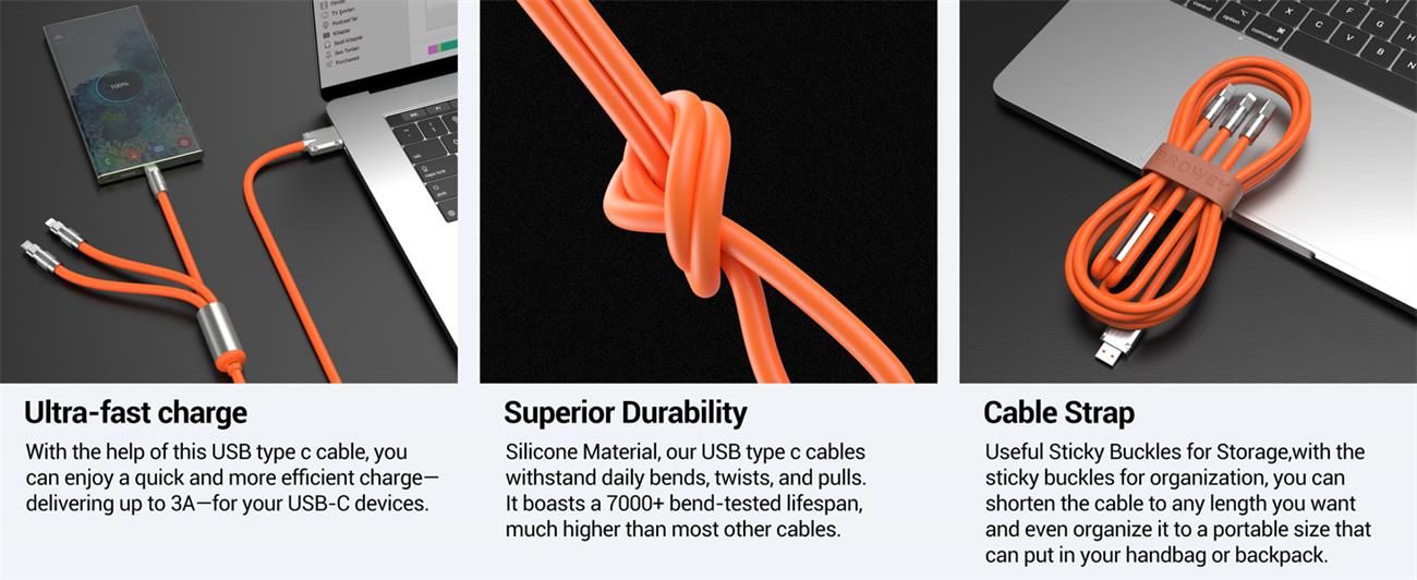 Multi Charging Cable, 3 in 1 Charger Cord, 120W USB-C Fast Charge, 4ft Multiple USB Cable Universal Charging Cord with iOS/Type-C/Micro USB, for Phones, iPad, MacBook