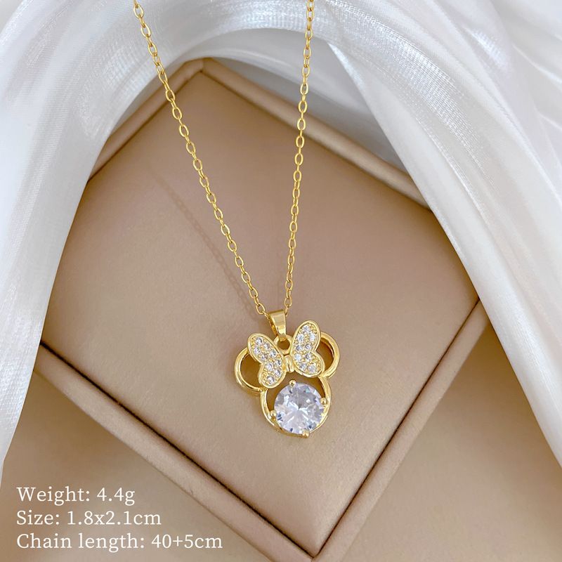 Titanium Steel Chain Bow‑Knot Cat Pendant Necklace Micro‑Pave Cubic Zirconia Inlay Large Round Center Stone Luxury Glamorous Women Clavicle Chain Shiny Fashion Neck Jewelry Versatile Daily Dating Party Accessory Gift for Ladies
