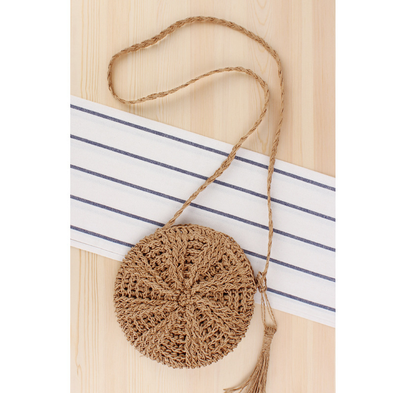 simple round tassel crossbody straw woven bag handmade one-shoulder summer beach bag