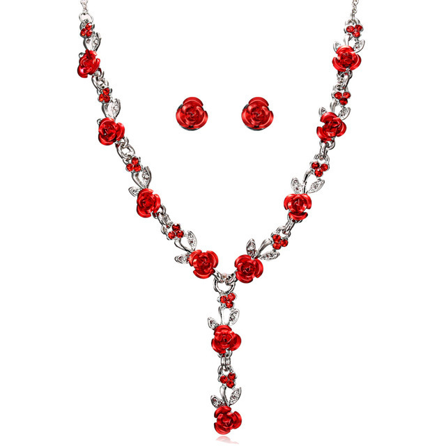 00453-26 Fashion Metal Rose Necklace Earrings Wedding Bridal Jewelry Sets For Women Flower Necklace Marriage Flower Jewelry Set
