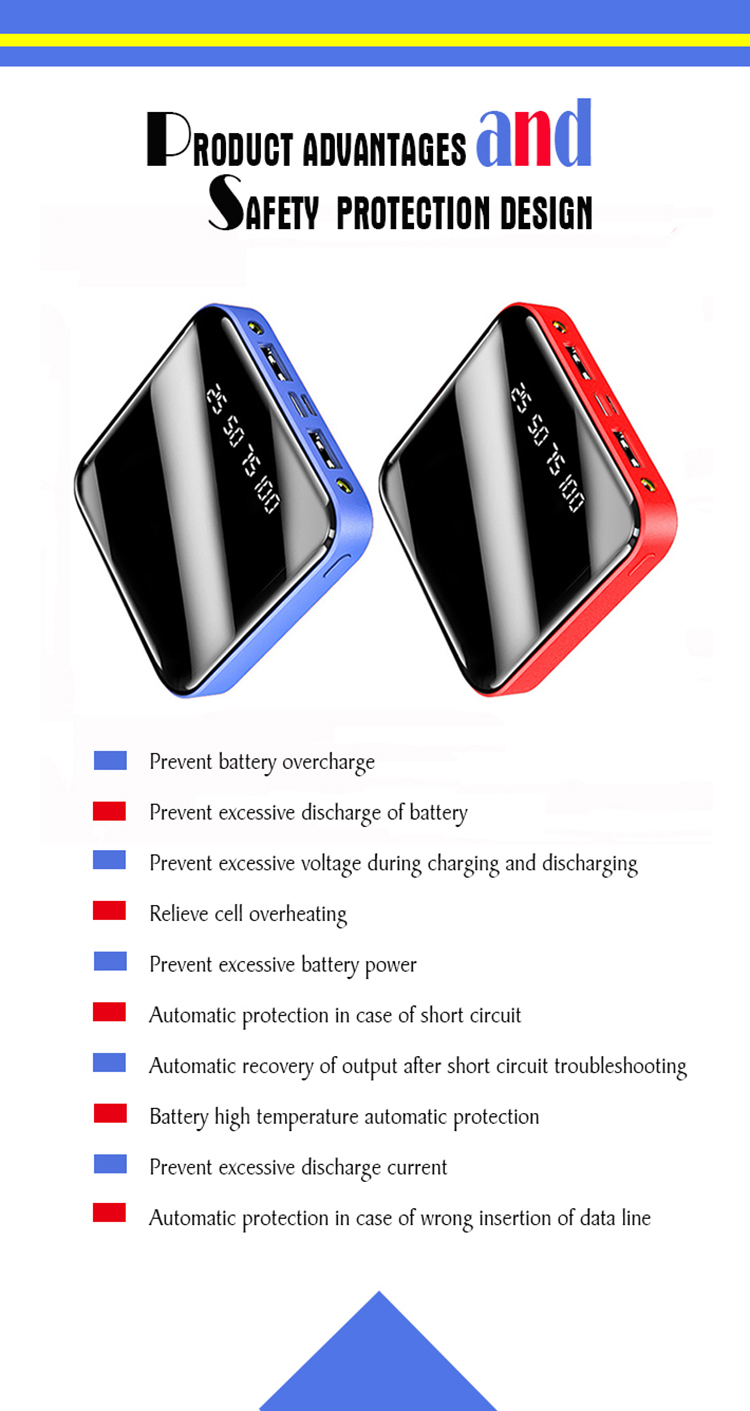 Multi Functional Portable Mobile Power Supply, Power Bank, High Speed Charging ( Square, full mirror screen, Flashlight + Dual USB, Integrated compression type high capacity battery pack) (Red / Blue)