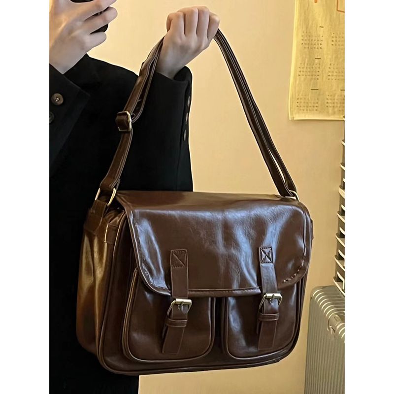 New Women's College Feeling Oil Leather Retro Big Bag Tidal Broadband Crossbody Bag ins Large Capacity Shoulder Bag