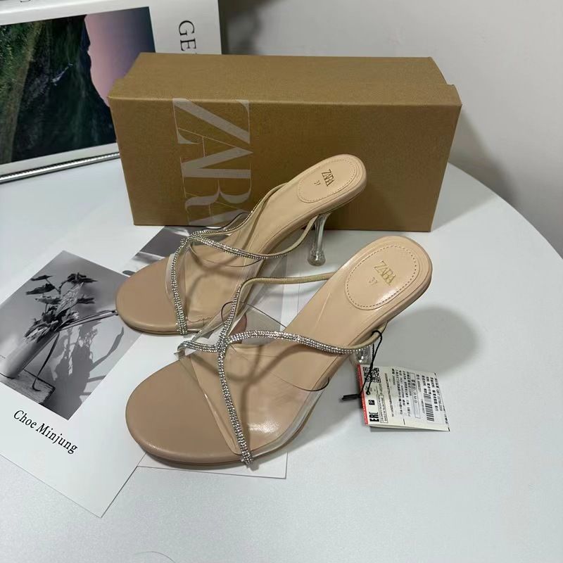 ZA new 2024 square head high heels transparent with cross rhinester splicing PVC fashion open toe back empty sandals women