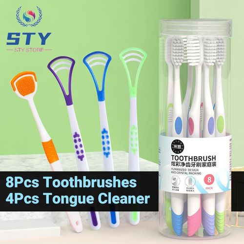 STY 8 Pcs Adult Toothbrush Set Oral Cleaning Kit Includes + Gift( 4 Pcs Tongue Cleaner)