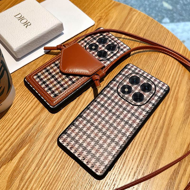 Phone case for Redmi Trendy houndstooth pattern phone case with crossbody lanyard : Redmi Note 14 Pro, Redmi Note 14 leather case with card holder