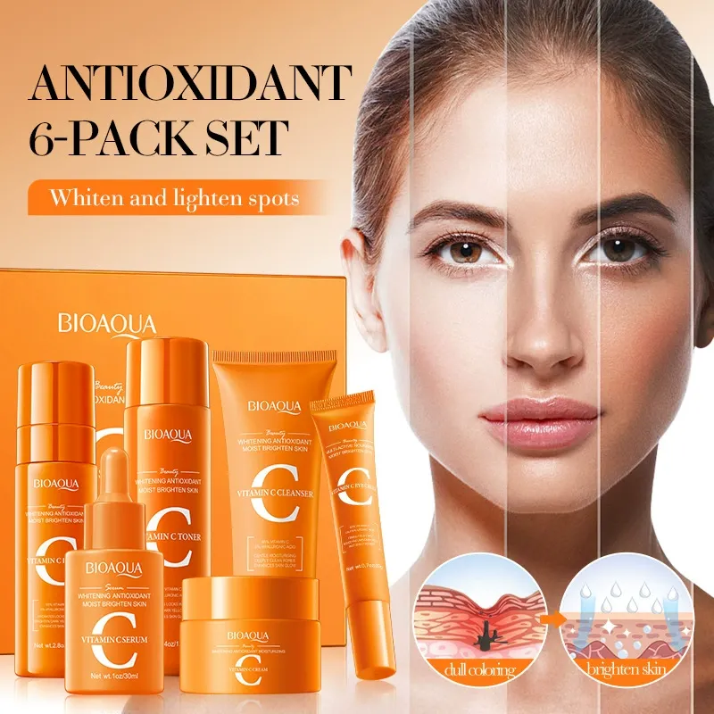 BIOAQUA Vitamin C 6-Piece Antioxidant & Moisturizing Skincare Gift Set, Brightening & Hydrating Facial Care Kit with Cleanser, Toner, Lotion, Serum, Cream and Eye Cream, Revitalizing Daily Skin Care Set