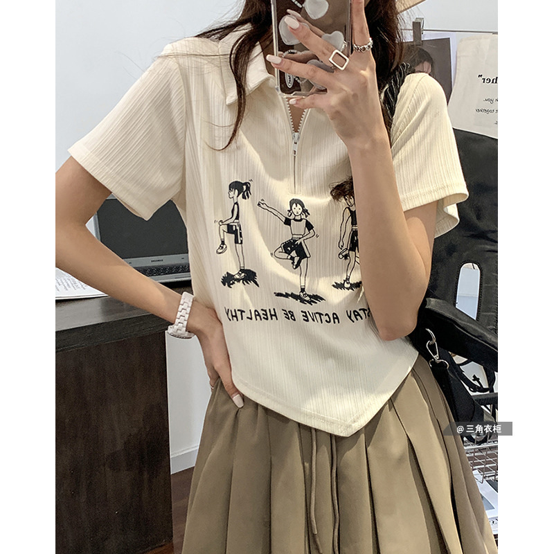 Women's Summer New Zipper Top Printed Textured Short Sleeves