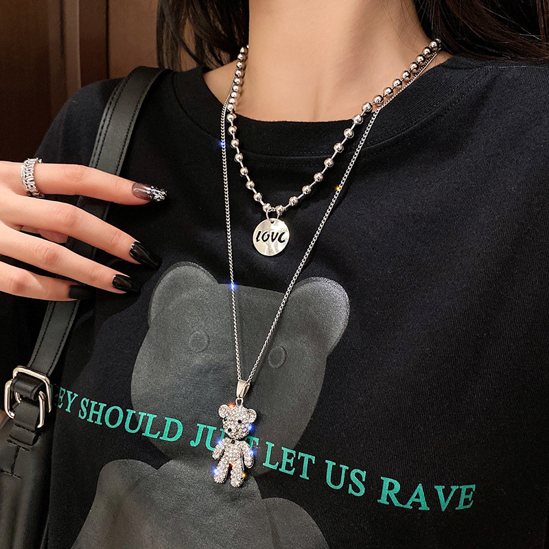 5246 Titanium Steel pendants necklaces Double Bear The Niche Female Hip-hop Tidal Autumn Winter High-grade Sweater Chain