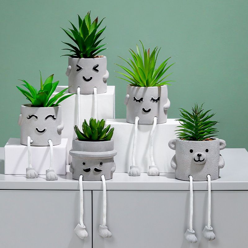 FZPJ053 Artificial Potted Plant Fake Succulent Plant Cute Hanging Leg Bear Cement Potted Succulents Decor for for Desk Shelf Bedroom Living Room and Office Decoration