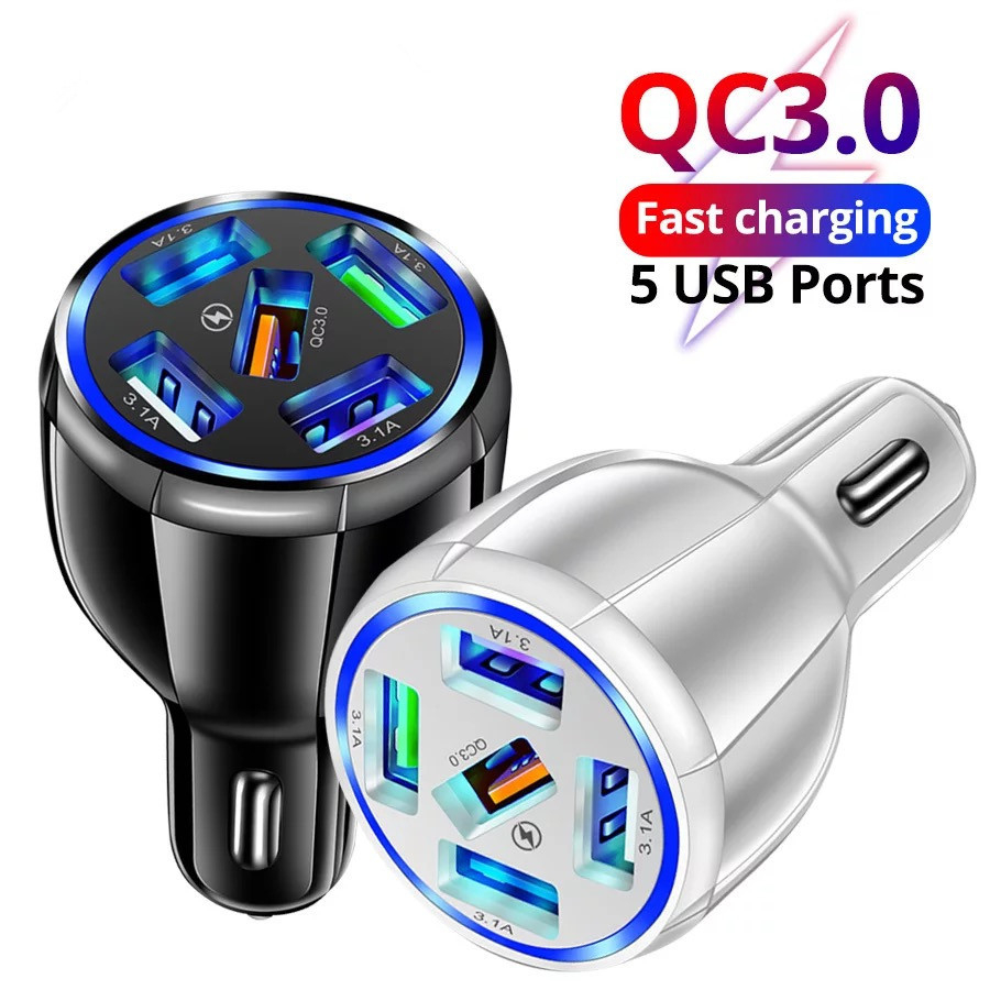359-5USB 5-Port USB Car Charger, QC3.0 Fast Charging 5 USB Car Charger Adapter 15A Smart Shunt Car Phone Charger with Light