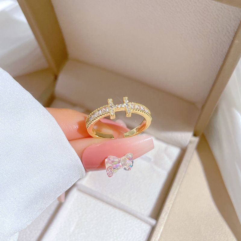 Full Paved Rectangular Zircon H Shape Open Adjustable Ring Real Gold Electroplated Thin Stackable Finger Band Sparkly Crystal Statement Hand Jewelry Minimalist Matching Wedding Promise Ring Gift For Women Daily Dating Banquet Party Fashion Accessory
