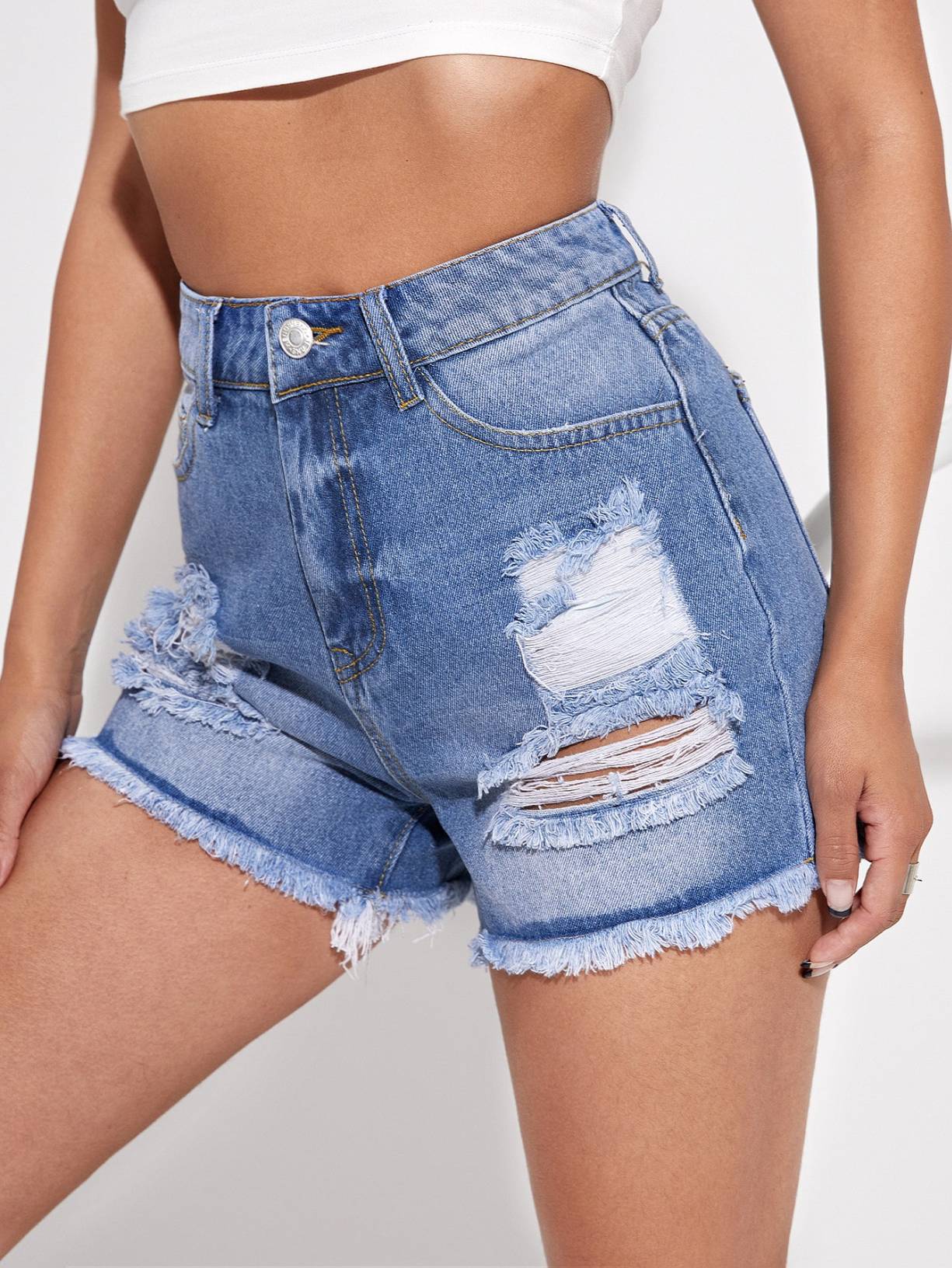 CL893-1 Women's Casual Denim Shorts Frayed Raw Hem Ripped Jeans Shorts