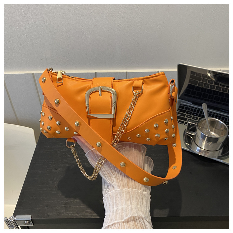 2024 New Rivet Fashion Chain Shoulder Bag Ladies Leisure Work Bag Monochrome Crossbody BagOrange