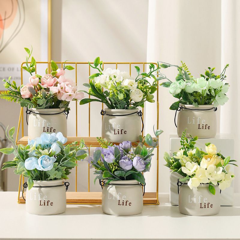 FZPJ031 Potted Artificial Flower Arrangements Table Centerpiece Decoration Fake Flowers with Vase Silk Roses Fake Plants Eucalyptus Leaves Berries Flower Arrangements Decorations for Home