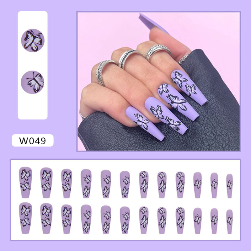 24pcs/Set Detachable Long Coffin Fake Nails European Purple  Butterfly Pattern Full Nail Art