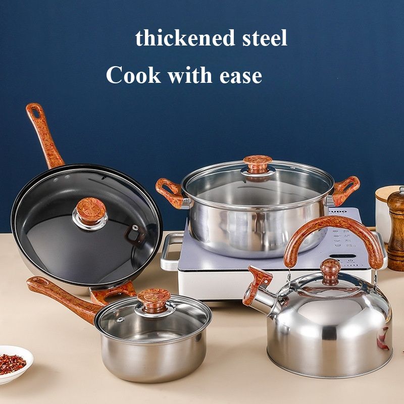 Stainless Steel Cookware Set Household Kitchen Pots and Pans Combination All Stove Tops Compatible General Cooking Pot Set for Home Kitchen