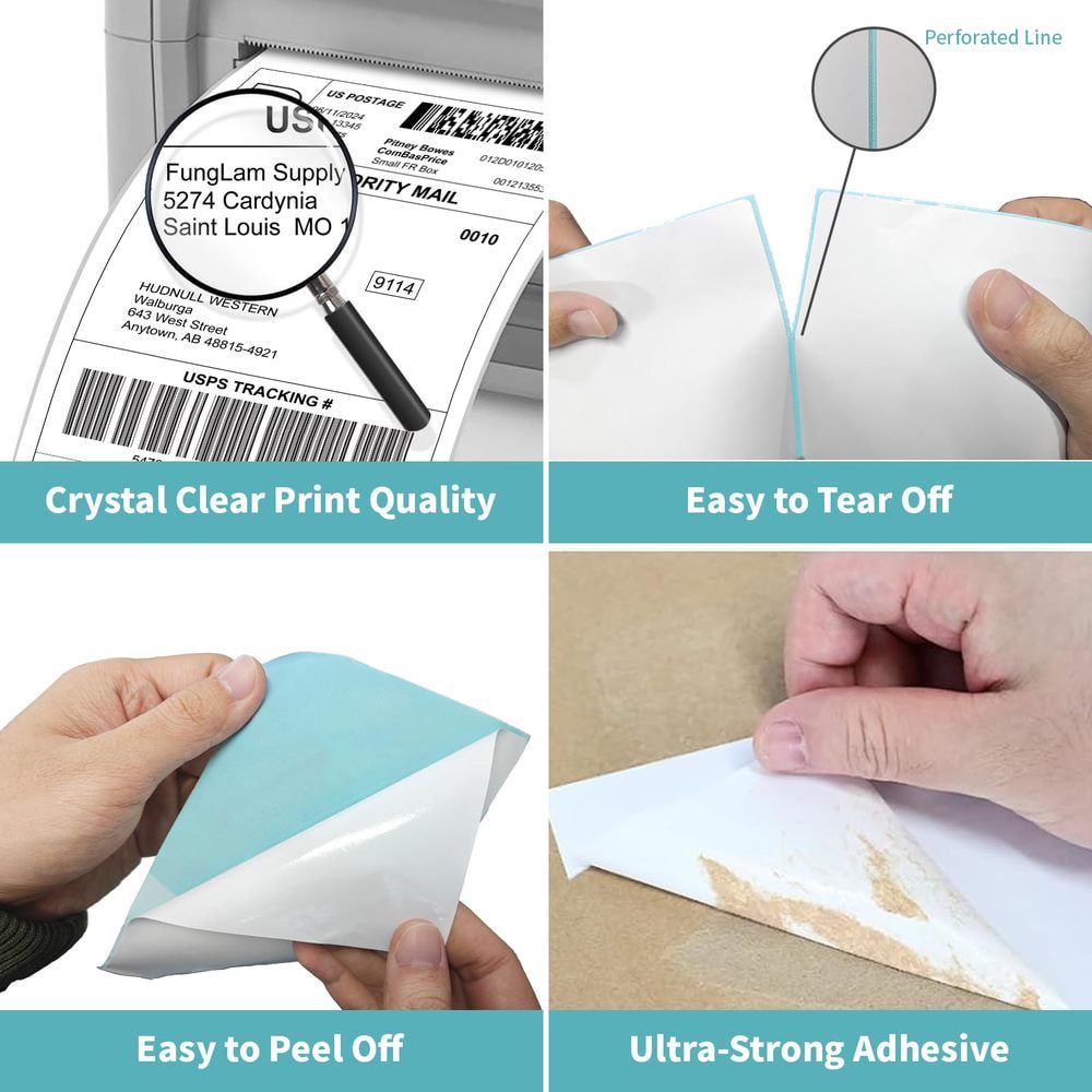 2 Rolls 4x6 Direct Thermal Printer Labels 1000 Shipping Labels Compatible with Zebra, Rollo Label Printer, Peforated Postage Thermal Labels, Permanent Adhesive, 500 Labels/Roll