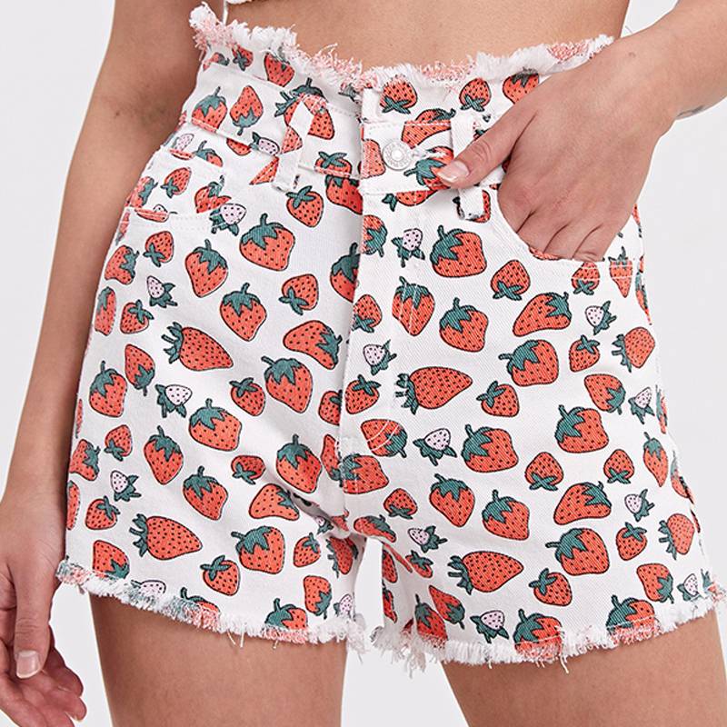 CL885-1 Women's Allover Strawberry Print Raw Hem Denim Shorts