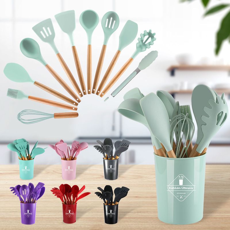 13PCS Home Kitchenware Gadgets Nonstick Silicone Cooking Set Kitchen Utensils With Plastic Holder